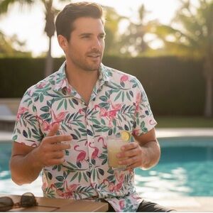 Joe Marlin Flamingo Tropical Button Up Shirt Men’s M Tapered Fit